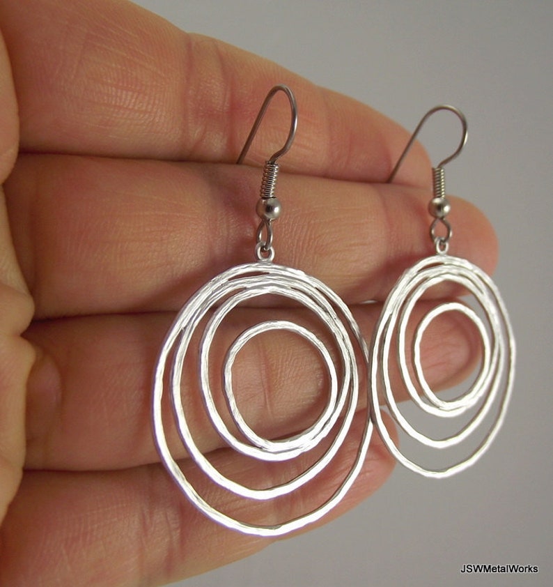 Silver Round Organic Loopy Earrings, Wedding Bride Bridesmaid Gift for Her, Mother's Day Holiday Gift under 25 image 1