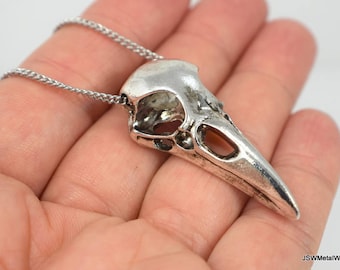 Unisex Antiqued Silver Raven Skull Necklace, Stainless Cable Necklace, Silver Finished Bird Skull Pendant, Gift for Him or Her