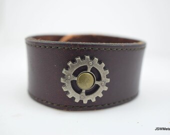 Dunkelbraunes Steampunk Zahnrad Leder Manschette Snap Armband, Handgemachte Unisex wiederverwendete Leder Manschette, Leder Armband Armband