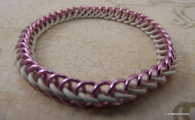 Pink Aluminum and White Rubber Stretch Chainmaille Bracelet, Stretch Bracelet for Men or Women image 4