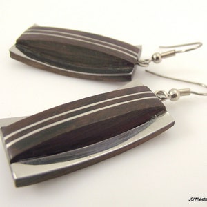 Modern Dark Wood and Silver Rectangular Earrings, Unique Rectangular Silver Earrings image 5