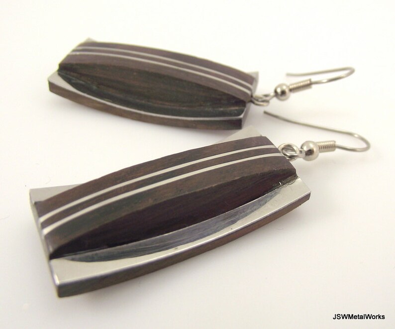 Modern Dark Wood and Silver Rectangular Earrings, Unique Rectangular Silver Earrings image 5