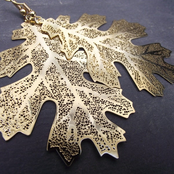 Large Golden Oak Leaf Skeleton Earrings, Gold Woodland Jewelry, Fall Wedding Gift for Her Under 20