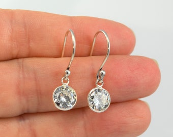 Sterling Silver Cubic Zirconia Earrings, CZ Silver Drop Earrings, Round Diamond Alternative Jewelry