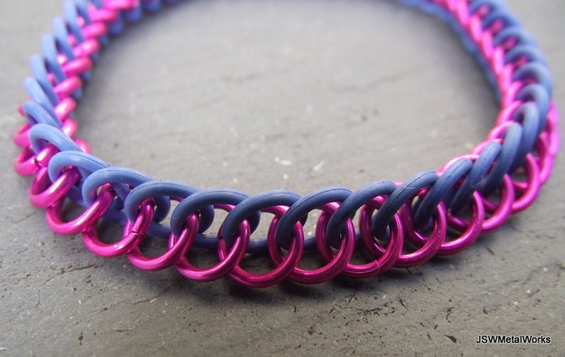 Half Persian Chainmail Pink and Blue Aluminum and Rubber Stretch Bracelet Gift for Men or Women Under 15