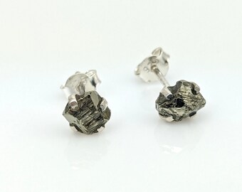 Raw Pyrite Stud Earrings, 925 Sterling Silver Rough Pyrite Gemstone Minimalist Crystal Jewelry