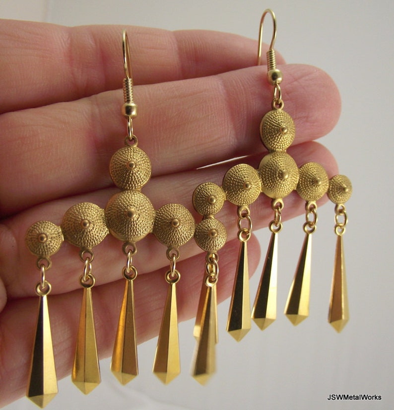 Vintage Flapper Brass Chandelier Earrings, Unique Statement Golden Earrings image 4