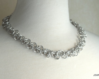 Aluminum Silver Shaggy Loops Chainmail Necklace, Handmade Specialty Chain Necklace for Men or Women