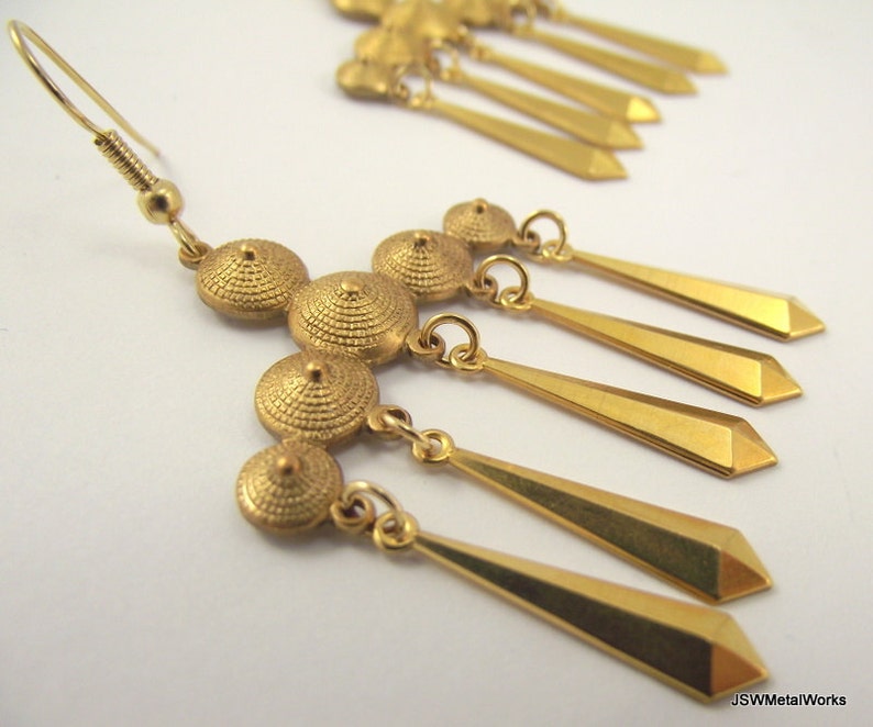 Vintage Flapper Brass Chandelier Earrings, Unique Statement Golden Earrings image 2