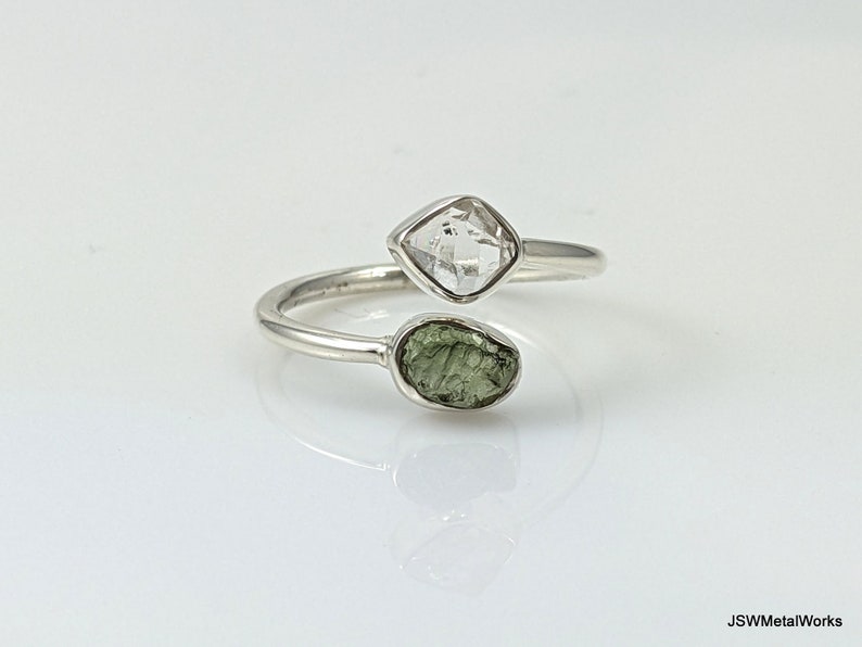 Raw Moldavite and Herkimer Silver Bezel Adjustable Ring, 925 Sterling Silver Rough Moldavite Gemstone Jewelry, CHOOSE YOUR RING image 1