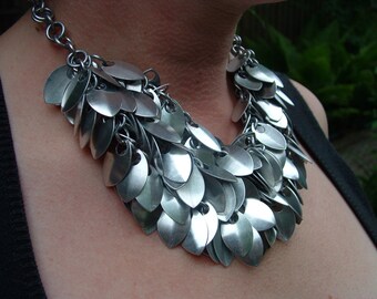 Dramatic Silver Aluminum Scale Multi Strand Statement Necklace, Aluminum Chainmail and Scalemail Bib Necklace