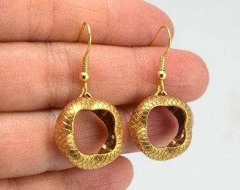 Small Wavy Round Snakeskin Gold Earrings, Golden Animal Print Reptile Snake Lizard Jewelry, Herpetology Gift