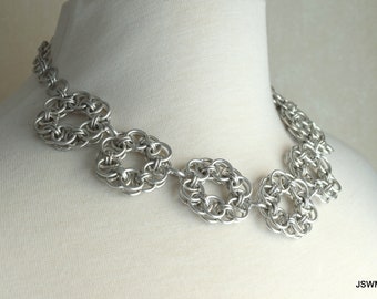 Aluminum Silver Flower Chainmail Necklace, Handmade Specialty Chain Necklace Gift for Her