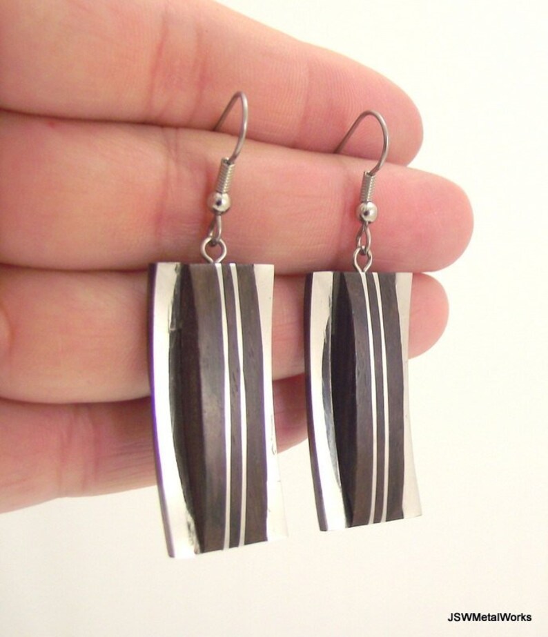 Modern Dark Wood and Silver Rectangular Earrings, Unique Rectangular Silver Earrings image 1