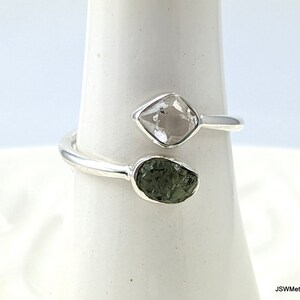 Raw Moldavite and Herkimer Silver Bezel Adjustable Ring, 925 Sterling Silver Rough Moldavite Gemstone Jewelry, CHOOSE YOUR RING image 2