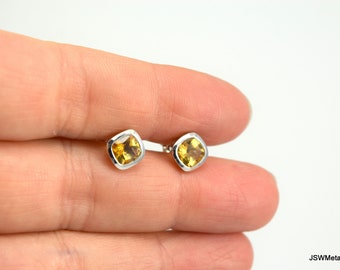 Faceted Square Citrine Stud Earrings, 925 Sterling Silver Citrine Gemstone Healing Crystals and Stone Jewelry