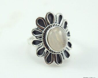 Oval Rainbow Moonstone Sterling Silver Flower Ring, Elegant Floral Silver Ring Size 7, Gemstone Healing Crystals and Stone Jewelry