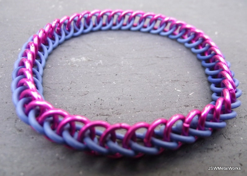 Half Persian Chainmail Pink and Blue Aluminum and Rubber Stretch Bracelet Gift for Men or Women Under 15