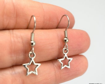 Small Silver Star Outline Earrings, Small Antique Silver Earrings, Cut Out Jewelry, Gift under 20, Minimalist Jewelry