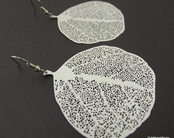 Large White Smooth Round Leaf Skeleton Earrings, Woodland Jewelry, Gift for Her Under 20