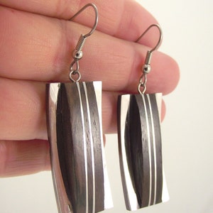 Modern Dark Wood and Silver Rectangular Earrings, Unique Rectangular Silver Earrings image 3