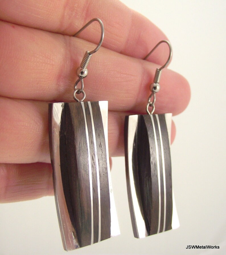 Modern Dark Wood and Silver Rectangular Earrings, Unique Rectangular Silver Earrings image 3
