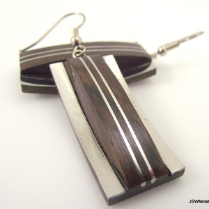 Modern Dark Wood and Silver Rectangular Earrings, Unique Rectangular Silver Earrings image 4