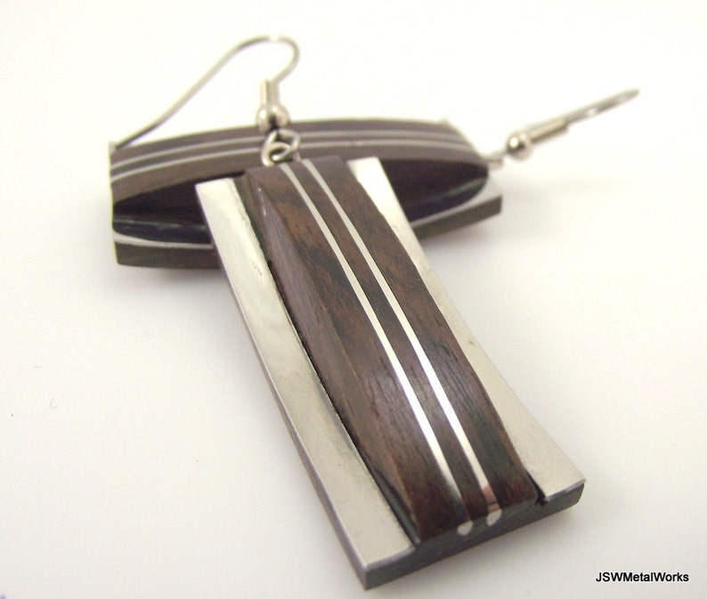 Modern Dark Wood and Silver Rectangular Earrings, Unique Rectangular Silver Earrings image 4