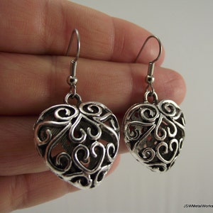 Puffed Antiqued Silver Filigree Heart Earrings, Silver Pewter Earrings, Love Valentine's Day Gift for her under 25 image 5