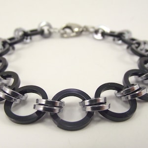 Unisex Japanese Weave Black and Silver Aluminum Chainmaille Bracelet, Chainmail Bracelet Gift for Him or Her