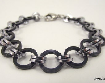 Unisex Japanese Weave Black and Silver Aluminum Chainmaille Bracelet, Chainmail Bracelet Gift for Him or Her