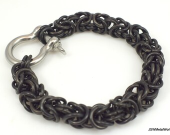 Unisex Black Byzantine Stainless Steel Chainmaille Bracelet, Men's Bold Chainmail Bracelet Gift for Him