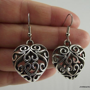Puffed Antiqued Silver Filigree Heart Earrings, Silver Pewter Earrings, Love Valentine's Day Gift for her under 25 image 3