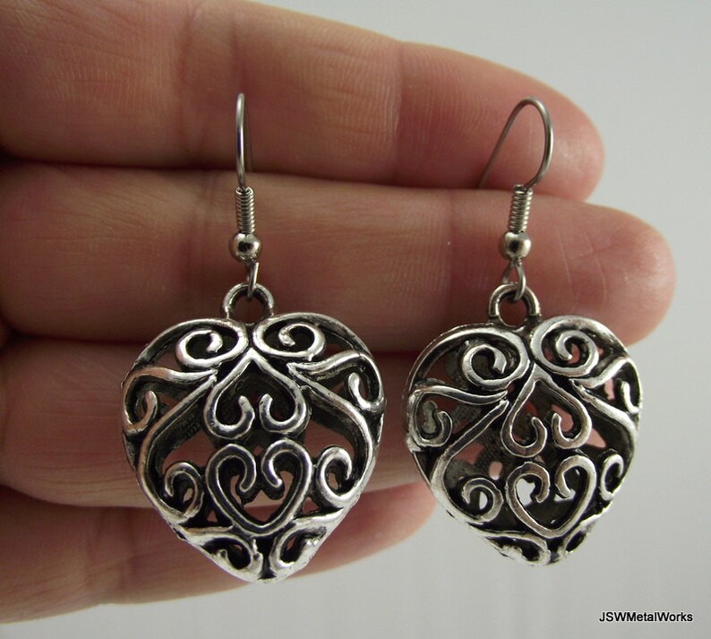 Puffed Antiqued Silver Filigree Heart Earrings, Silver Pewter Earrings, Love Valentine's Day Gift for her under 25 image 3