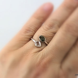 Raw Moldavite and Herkimer Silver Bezel Adjustable Ring, 925 Sterling Silver Rough Moldavite Gemstone Jewelry, CHOOSE YOUR RING image 3
