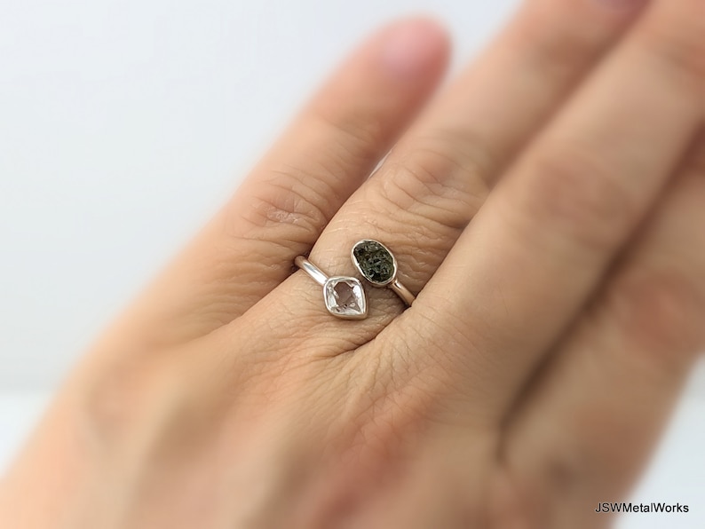 Raw Moldavite and Herkimer Silver Bezel Adjustable Ring, 925 Sterling Silver Rough Moldavite Gemstone Jewelry, CHOOSE YOUR RING image 3