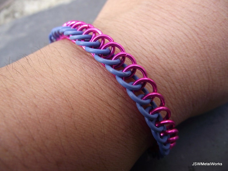 Half Persian Chainmail Pink and Blue Aluminum and Rubber Stretch Bracelet Gift for Men or Women Under 15