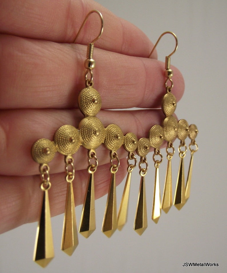 Vintage Flapper Brass Chandelier Earrings, Unique Statement Golden Earrings image 5