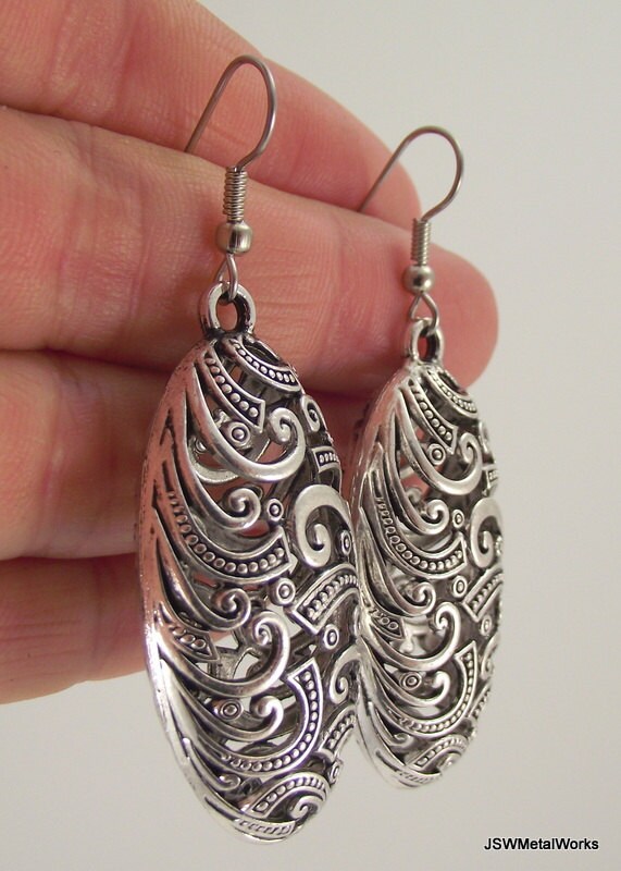Oval Puffed Antiqued Silver Filigree Earrings, Large Oval Pewter Earrings, Statement Jewelry, Gift under 30