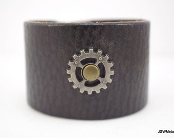 Dunkelbraunes Steampunk Zahnrad Leder Manschette Snap Armband, Handgemachte Unisex wiederverwendete Leder Manschette, Leder Armband Armband