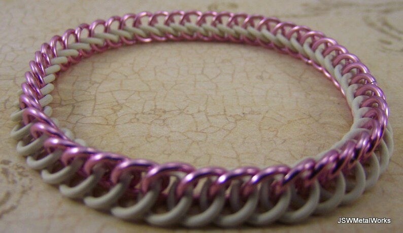 Pink Aluminum and White Rubber Stretch Chainmaille Bracelet, Stretch Bracelet for Men or Women image 5