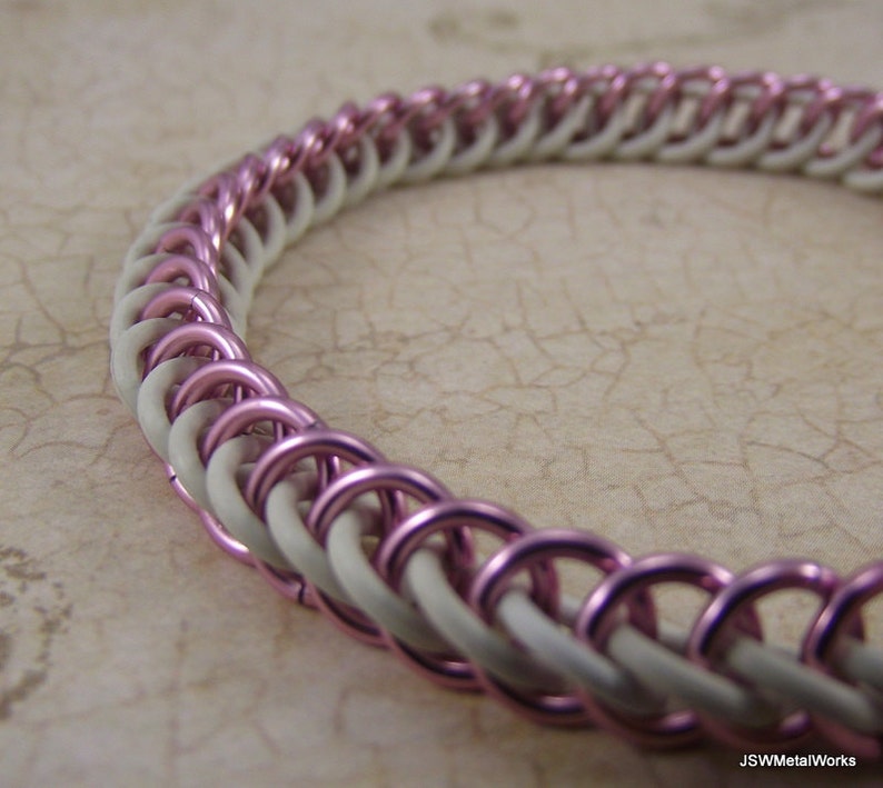 Pink Aluminum and White Rubber Stretch Chainmaille Bracelet, Stretch Bracelet for Men or Women image 2