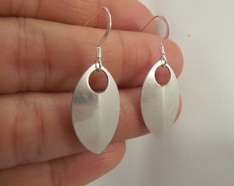 Sterling Silver Scalemaille Leaf Drop Earrings, Silver Marquise Earrings, Gift under 30