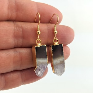 Raw Amethyst Stalactite Slice Gold Earrings, Geode Earrings, Birthstone Jewelry Gift, CHOOSE your Earrings