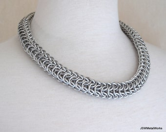 Chunky Aluminum Silver Chainmail Choker Necklace, Handmade Statement Specialty Chain Necklace for Men or Women