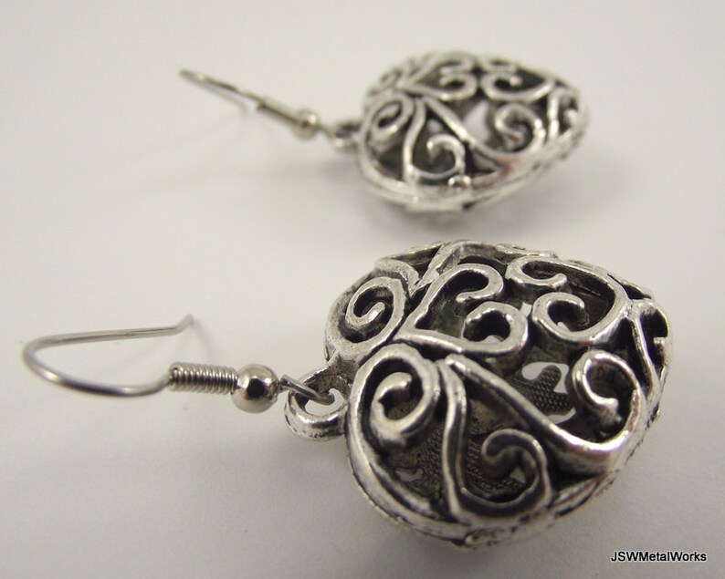 Puffed Antiqued Silver Filigree Heart Earrings, Silver Pewter Earrings, Love Valentine's Day Gift for her under 25 image 2