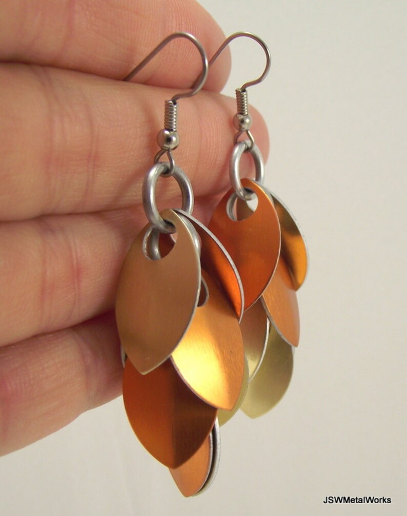 Orange and Gold Small Aluminum Scale Shag Earrings, Aluminum Scalemail Scale Earrings image 5