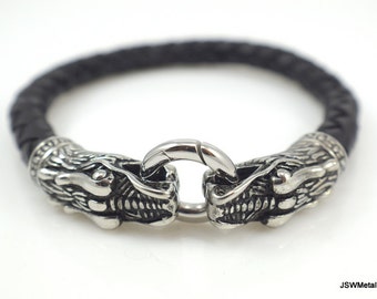 8.5 Inch Stainless Steel Dragon Bracelet, Braided Black Leather Bracelet, Large Silver Dragon Jewelry Gift for Men