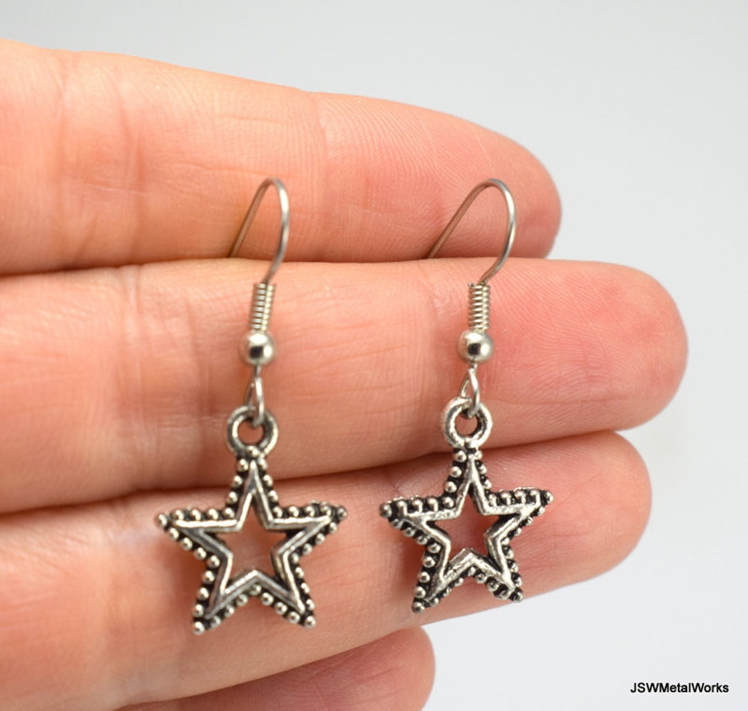 Small Dotted Silver Star Outline Earrings Small Antique - Etsy