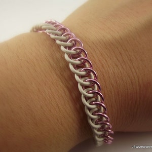 Pink Aluminum and White Rubber Stretch Chainmaille Bracelet, Stretch Bracelet for Men or Women image 3